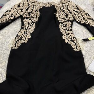 Tahari Black Dress with Gold Embroidery